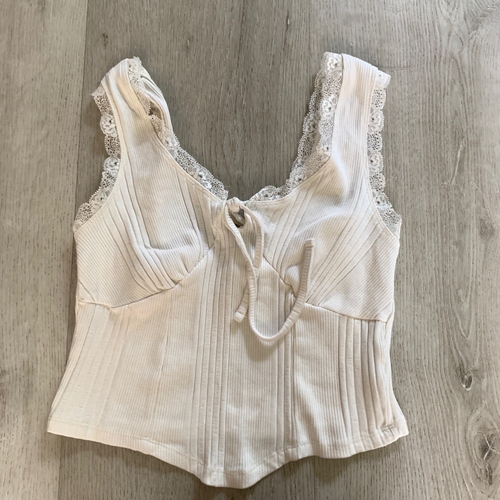 Fitz + Eddi Ribbed Lace Trim Tie Front Corset Hem Tank Top Cream Off White Sz M